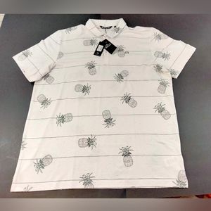 Travis Mathew Shirt Mens 3XL Stacked Deck White Stripe Polo Golf Pineapple Print